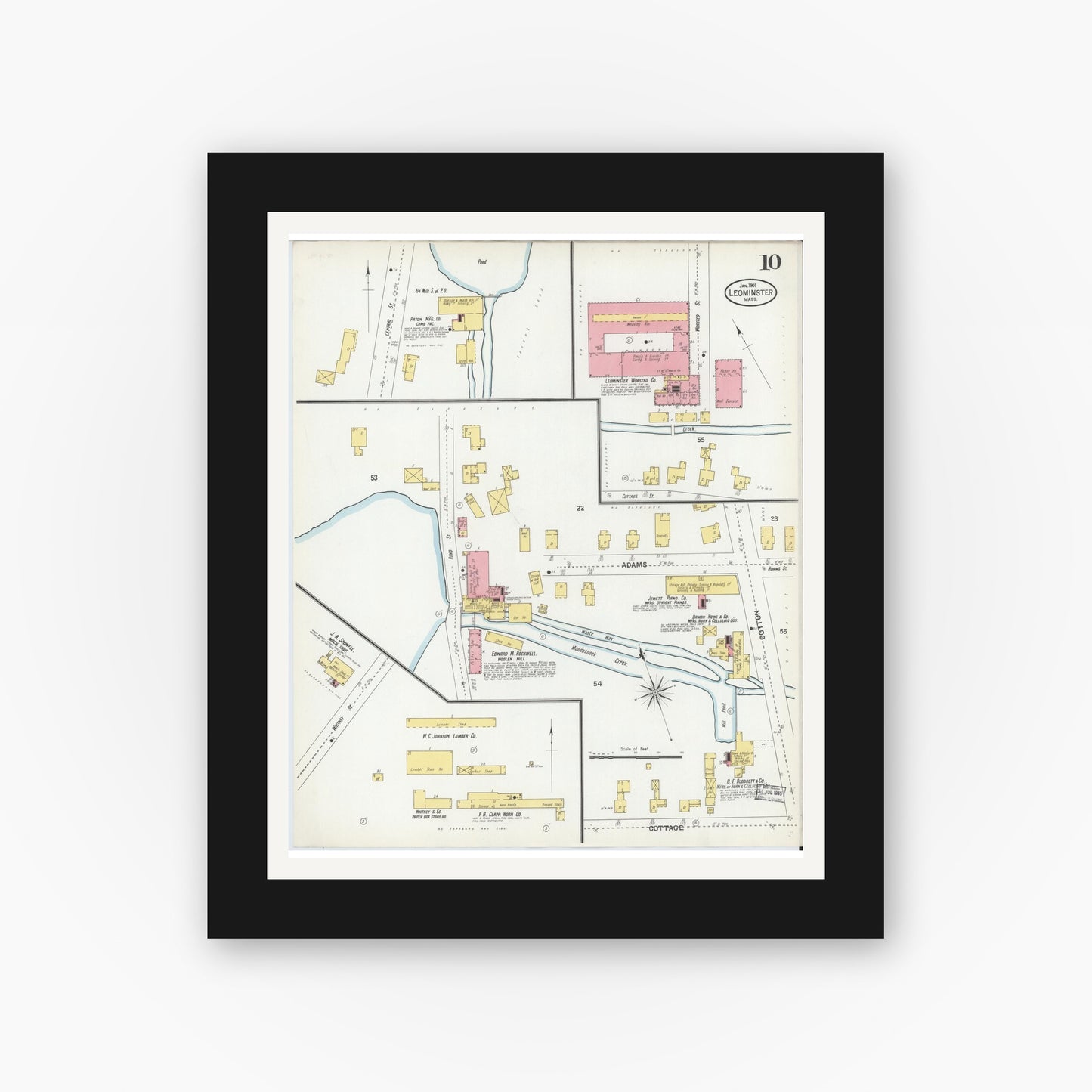 Old map wall art mockup — black gallery frame with white mat — Sanborn Fire Insurance Map from Leominster, Worcester County, Massachusetts (1901), Sheet #0010