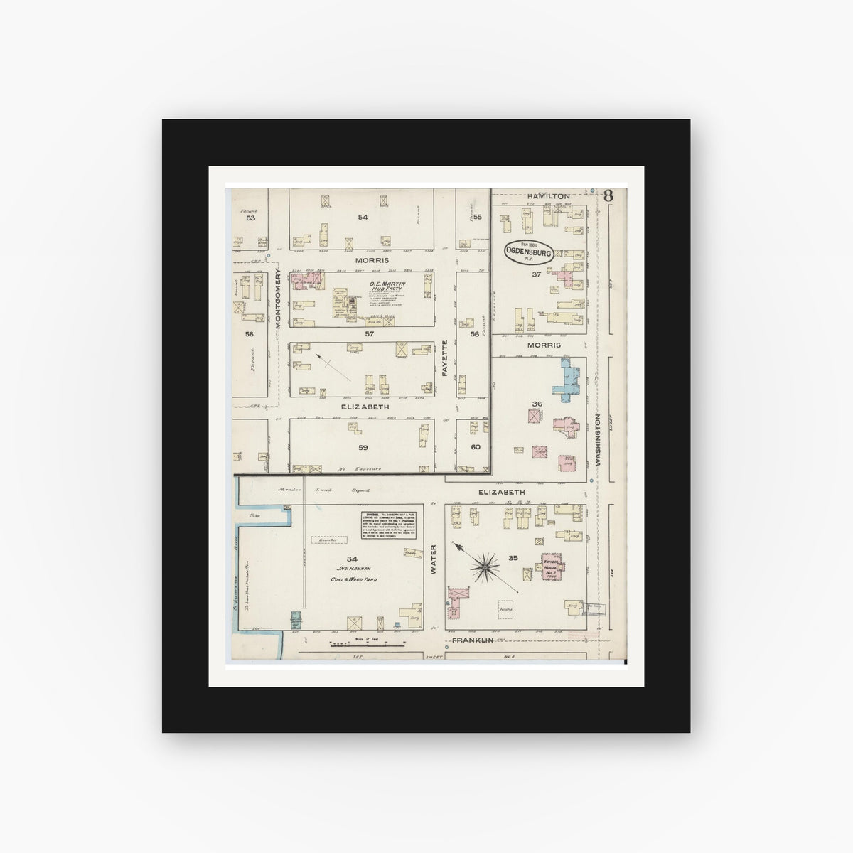 Old map wall art mockup — black gallery frame with white mat — Sanborn Fire Insurance Map from Ogdensburg, St. Lawrence County, New York (1884), Sheet #0008