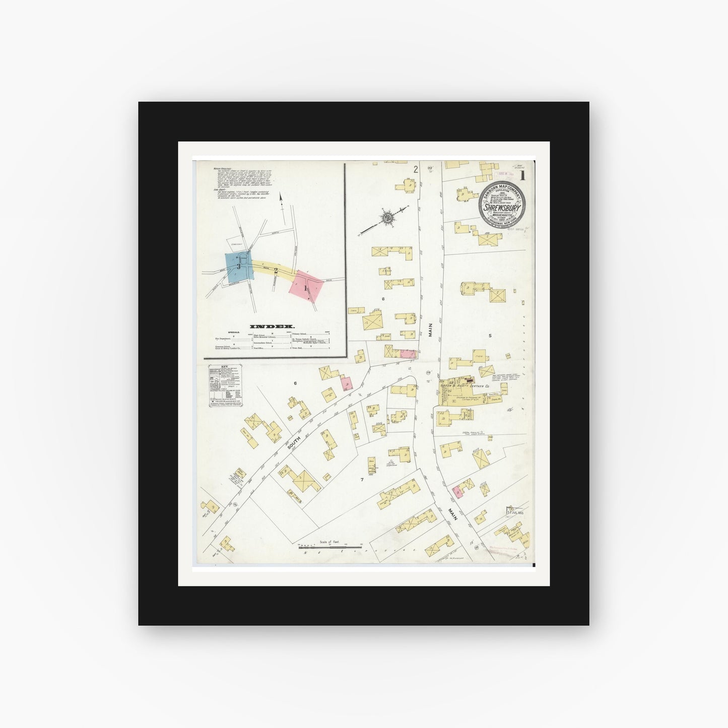 Old map wall art mockup — black gallery frame with white mat — Sanborn Fire Insurance Map from Shrewsbury, Worcester County, Massachusetts (1910) - Complete Map Set