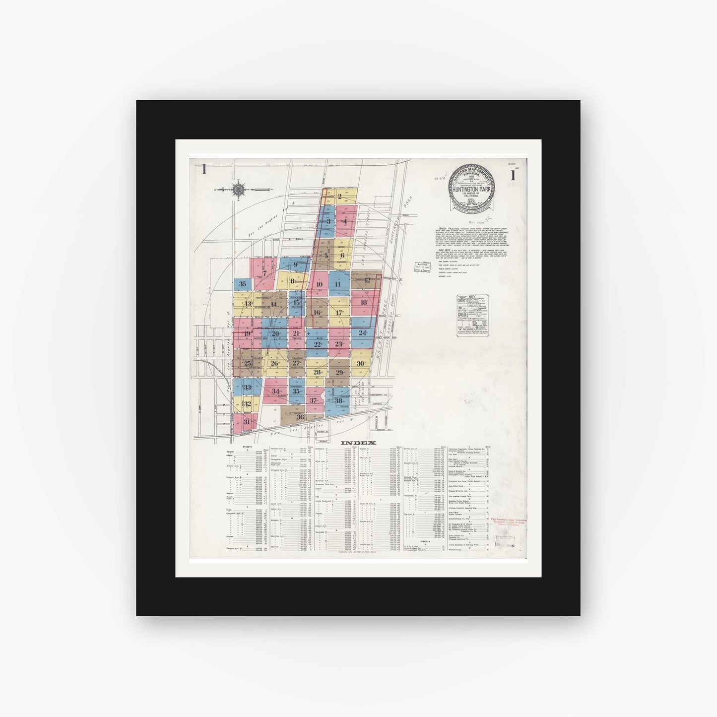 Old map wall art mockup — black gallery frame with white mat — Sanborn Fire Insurance Map from Huntington Park, Los Angeles County, California (1924), Sheet #0001