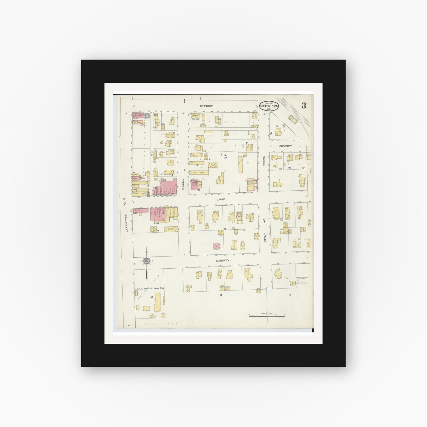 Old map wall art mockup — black gallery frame with white mat — Sanborn Fire Insurance Map from South Lyon, Oakland County, Michigan (1913), Sheet #0003