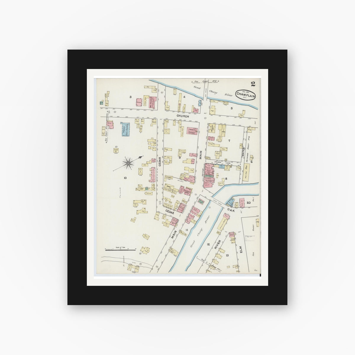 Old map wall art mockup — black gallery frame with white mat — Sanborn Fire Insurance Map from Champlain, Clinton County, New York (1891), Sheet #0002