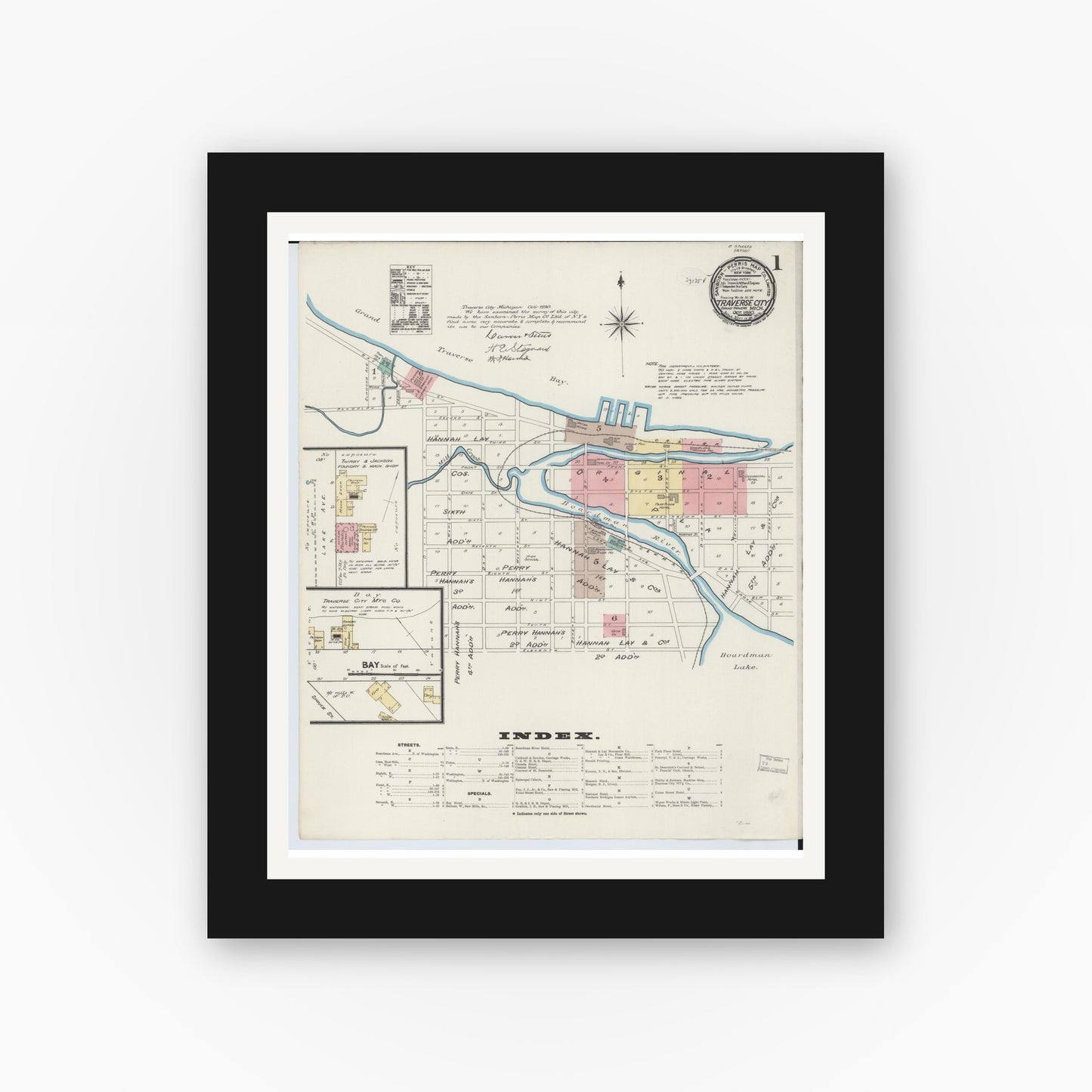Old map wall art mockup — black gallery frame with white mat — Sanborn Fire Insurance Map from Traverse City, Grand Traverse County, Michigan (1890) - Complete Map Set