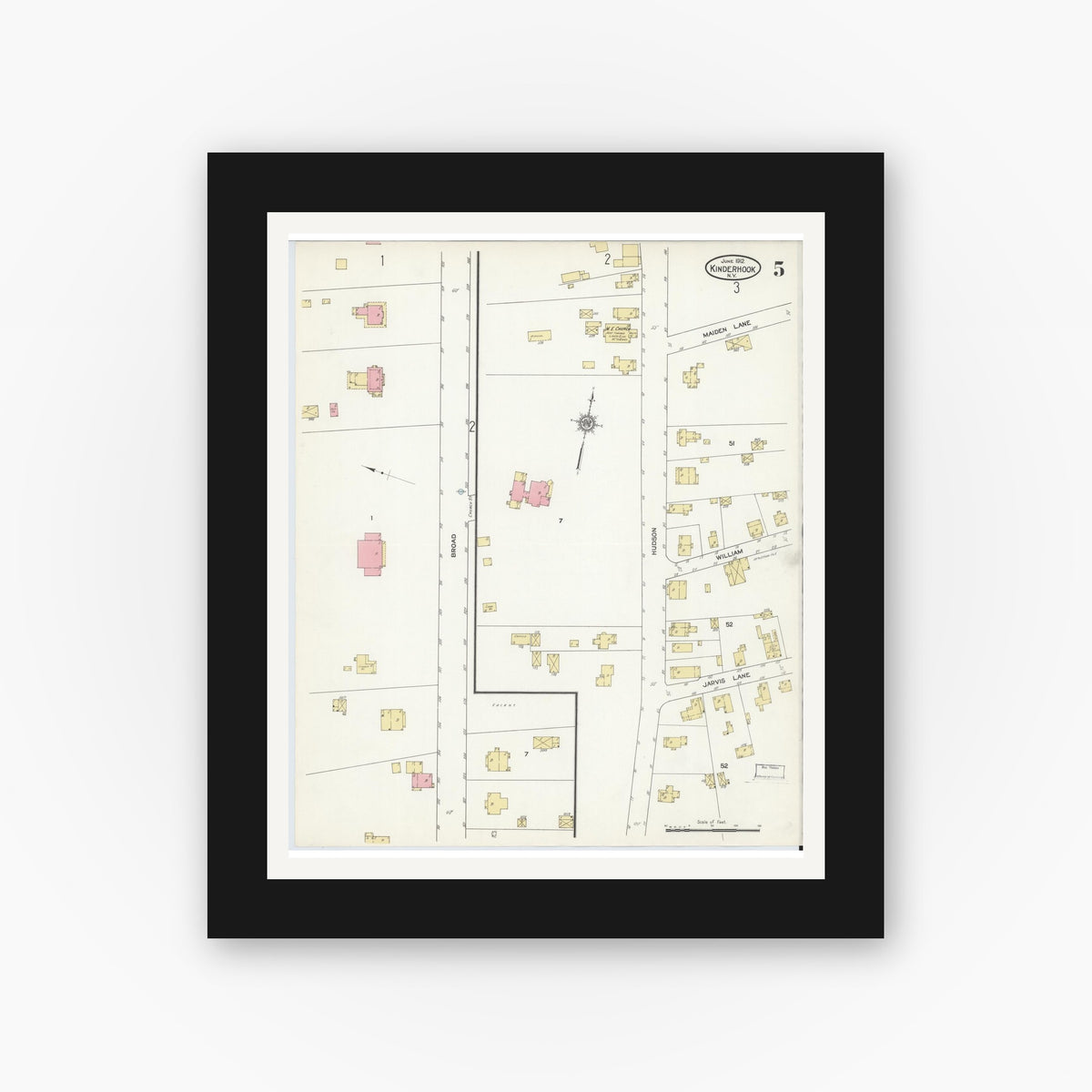 Old map wall art mockup — black gallery frame with white mat — Sanborn Fire Insurance Map from Kinderhook, Columbia County, New York (1912), Sheet #0005