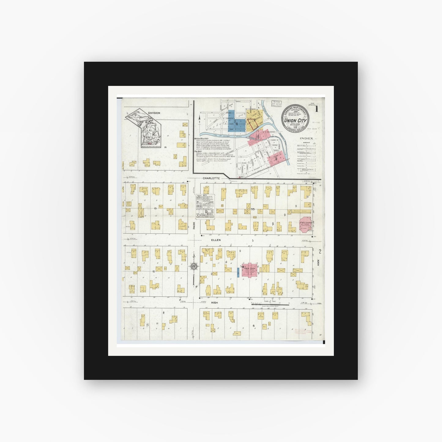 Old map wall art mockup — black gallery frame with white mat — Sanborn Fire Insurance Map from Union City, Branch And Calhoun Counties, Michigan (1918), Sheet #0001