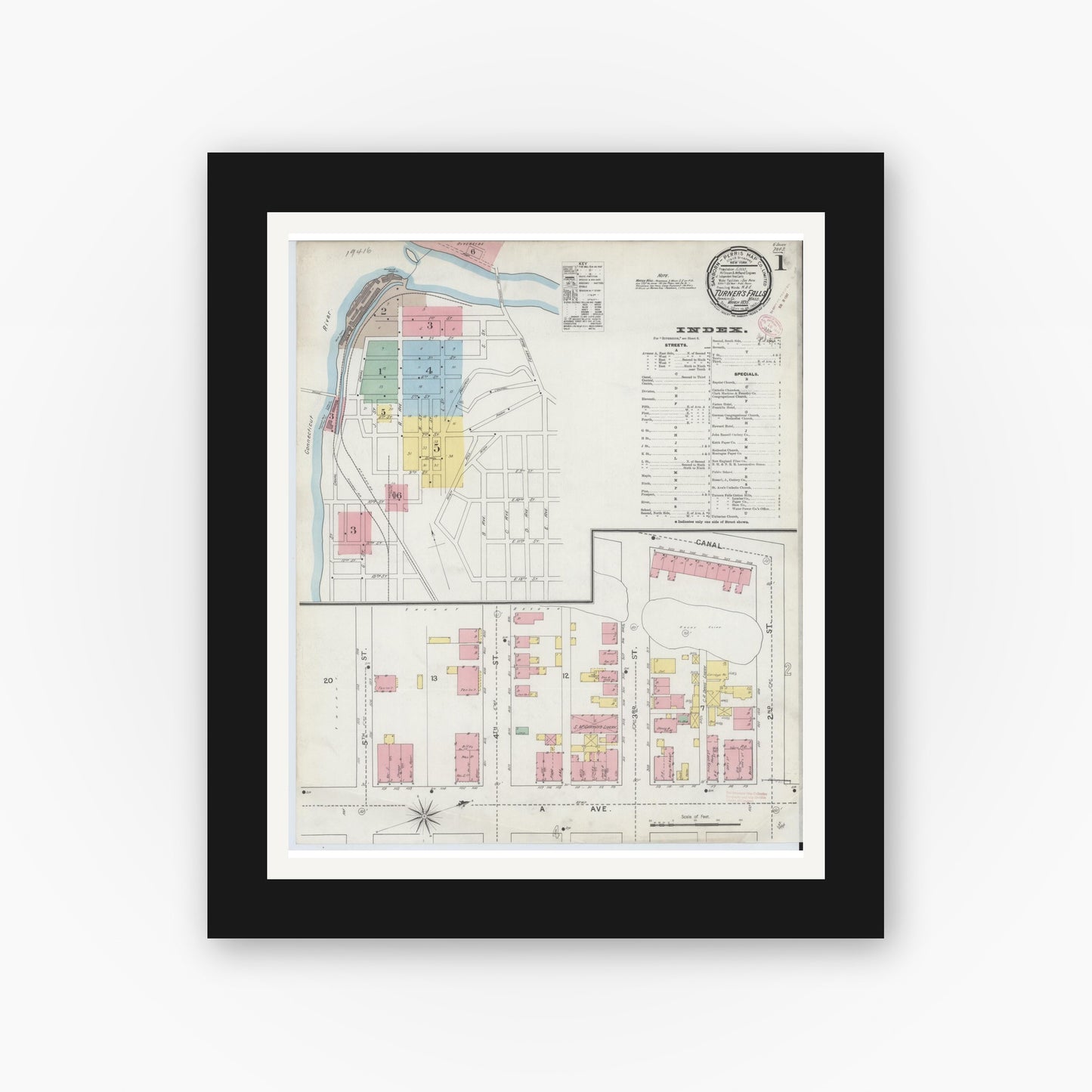 Old map wall art mockup — black gallery frame with white mat — Sanborn Fire Insurance Map from Turners Falls, Franklin County, Massachusetts (1895), Sheet #0001