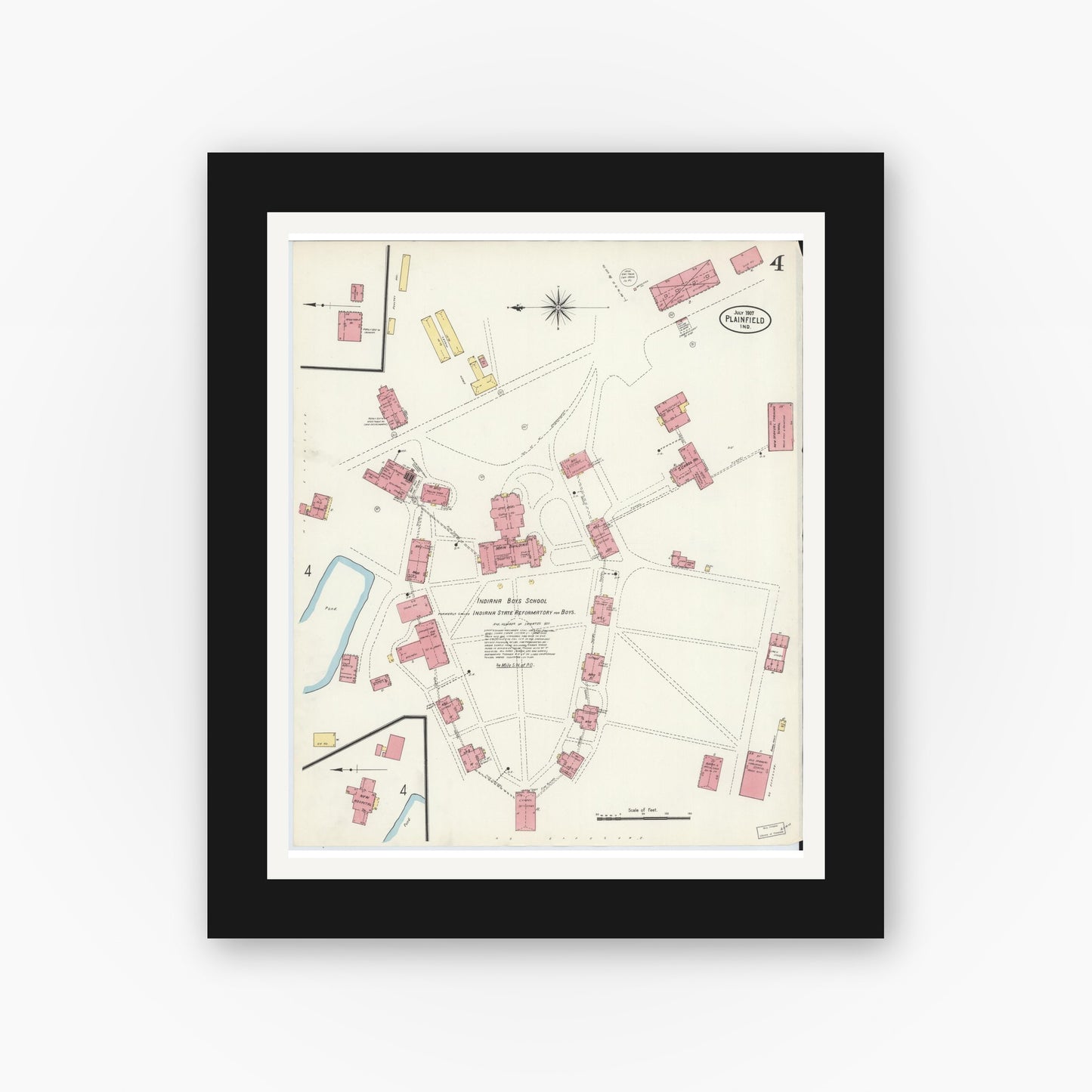 Old map wall art mockup — black gallery frame with white mat — Sanborn Fire Insurance Map from Plainfield, Hendricks County, Indiana (1907), Sheet #0004