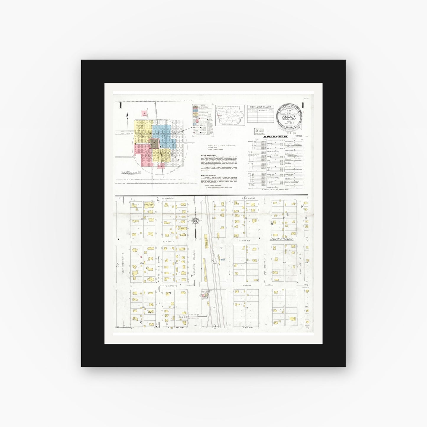 Old map wall art mockup β black gallery frame with white mat β Sanborn Fire Insurance Map from Onawa, Monona County, Iowa (1934), Sheet #0001