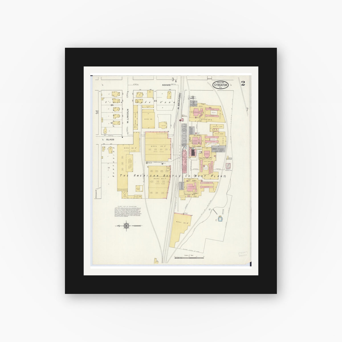 Old map wall art mockup — black gallery frame with white mat — Sanborn Fire Insurance Map from Streator, La Salle County, Illinois (1916), Sheet #0002