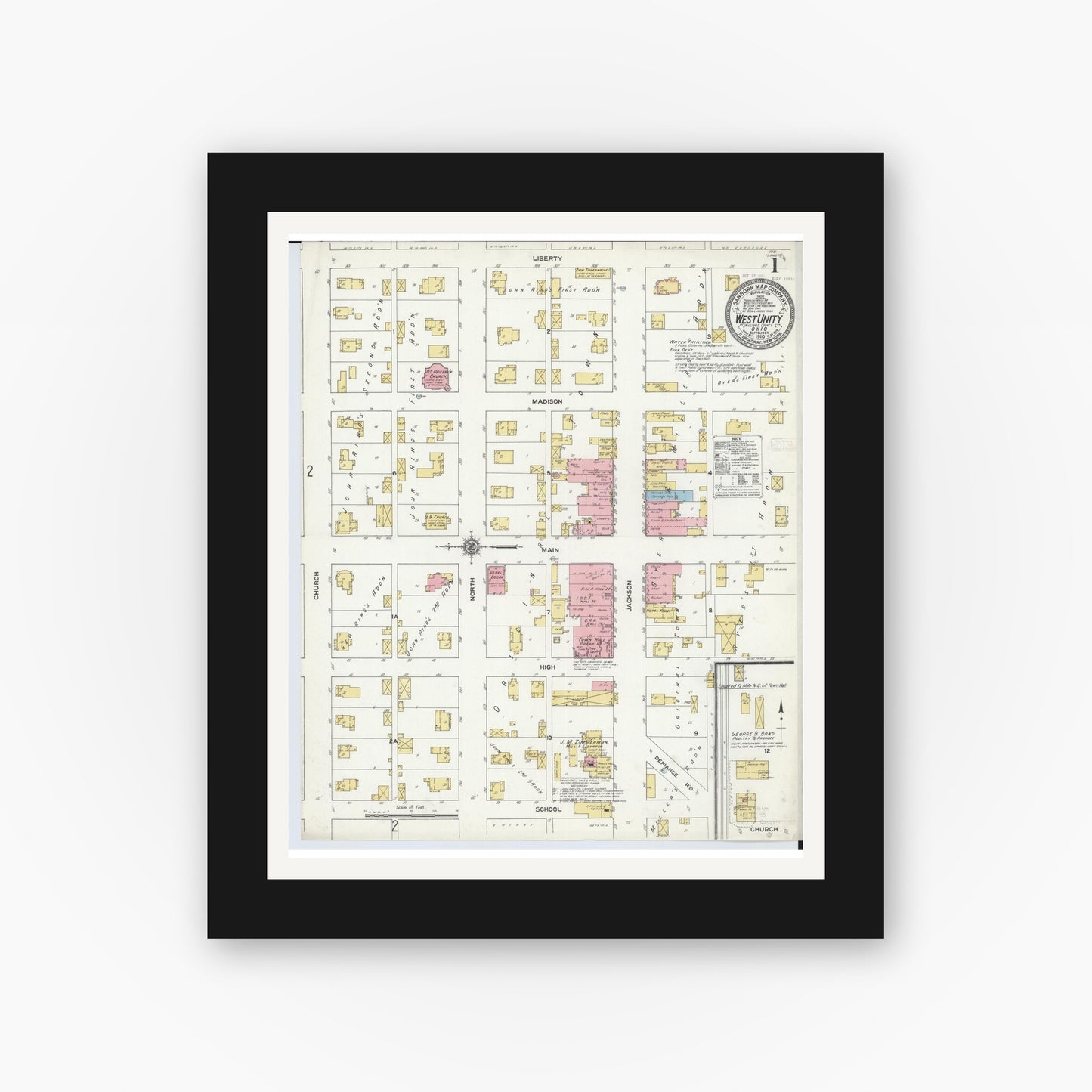 Old map wall art mockup — black gallery frame with white mat — Sanborn Fire Insurance Map from West Unity, Williams County, Ohio (1910), Sheet #0001