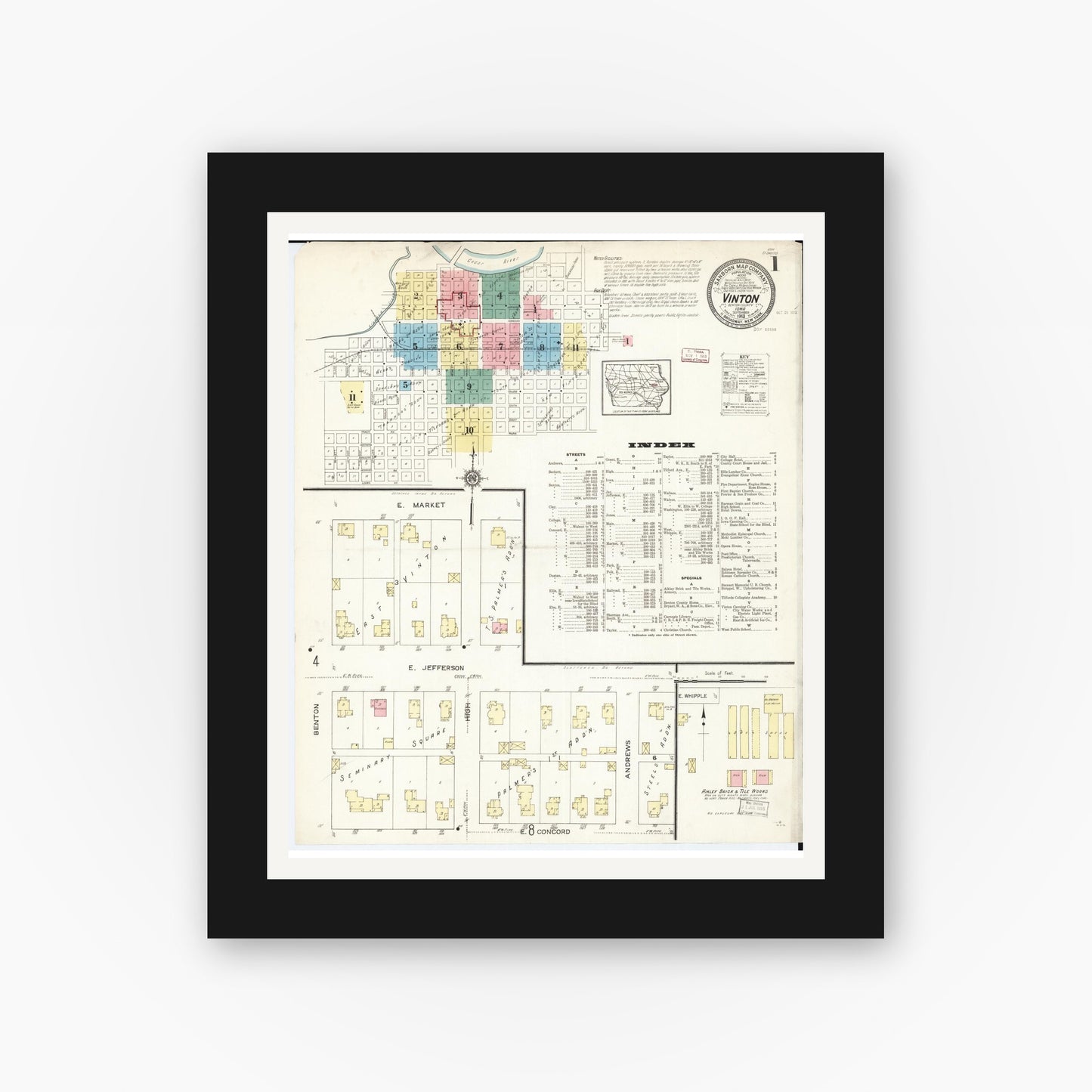 Old map wall art mockup — black gallery frame with white mat — Sanborn Fire Insurance Map from Vinton, Benton County, Iowa (1913), Sheet #0001