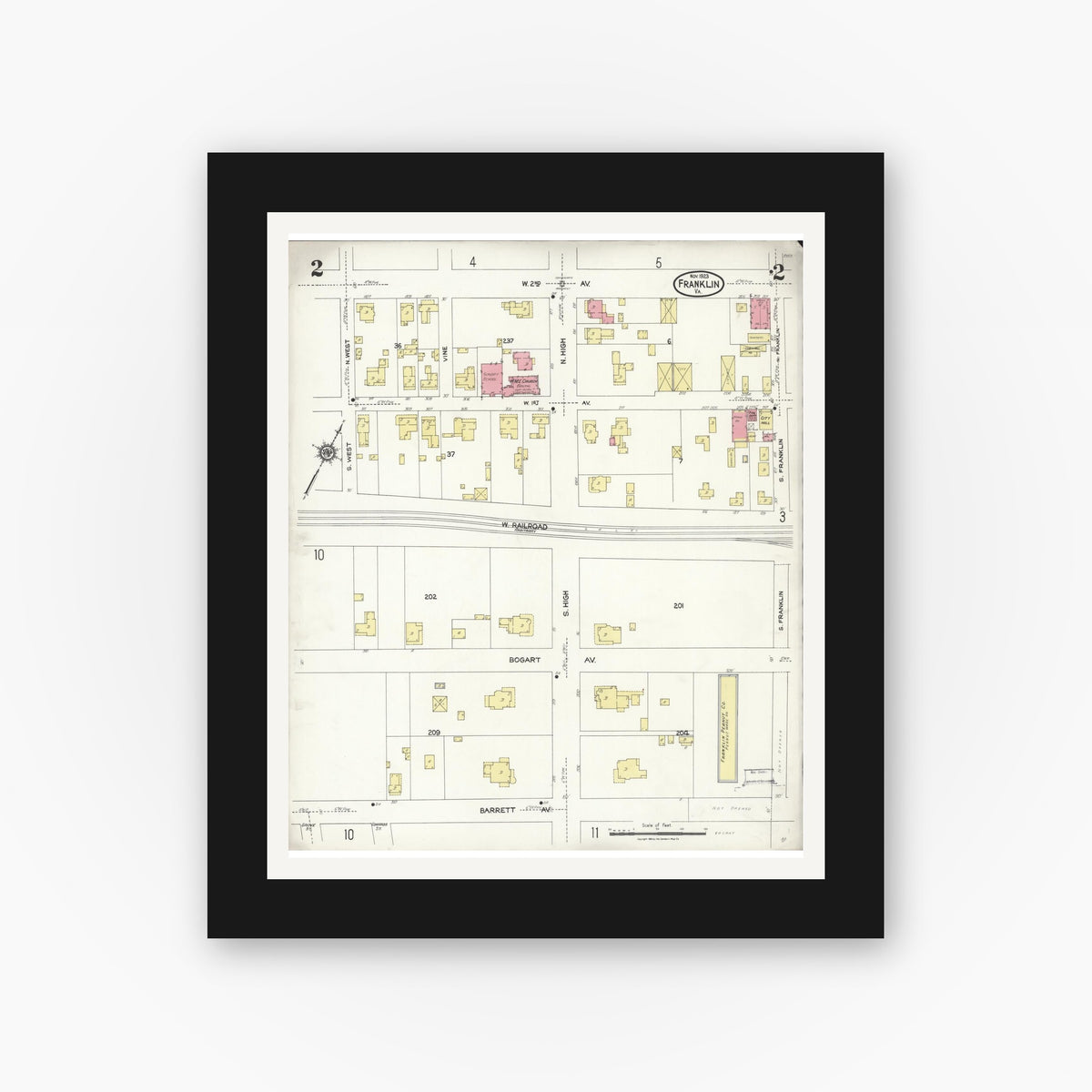 Old map wall art mockup — black gallery frame with white mat — Sanborn Fire Insurance Map from Franklin, Independent Cities, Virginia (1923), Sheet #0002