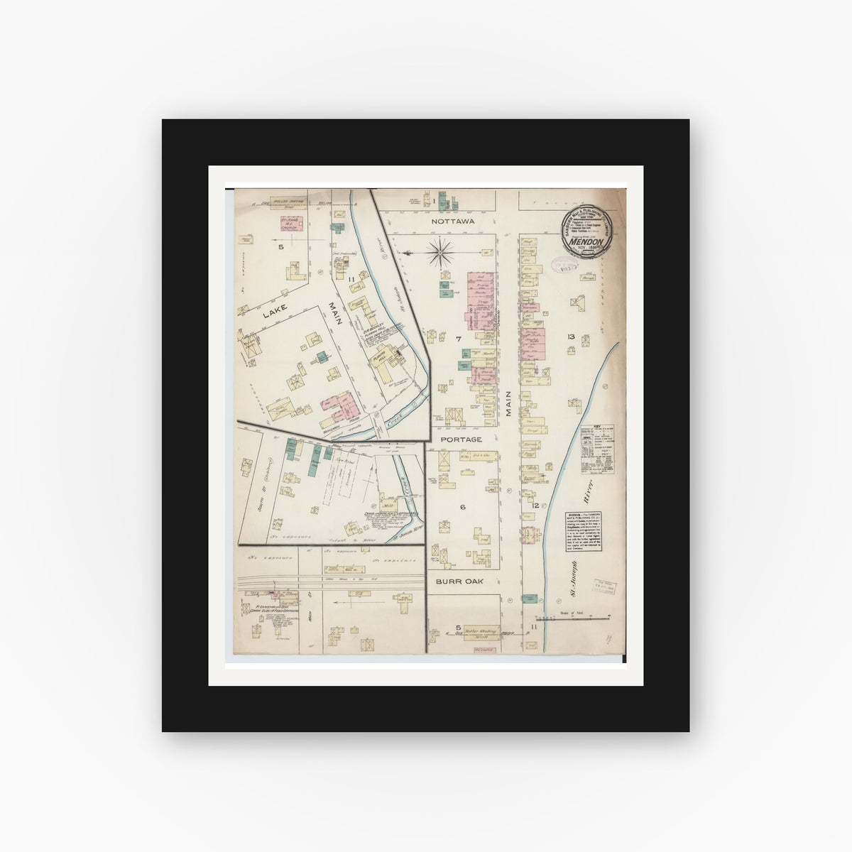 Old map wall art mockup — black gallery frame with white mat — Sanborn Fire Insurance Map from Mendon, Saint Joseph County, Michigan (1884), Sheet #0001
