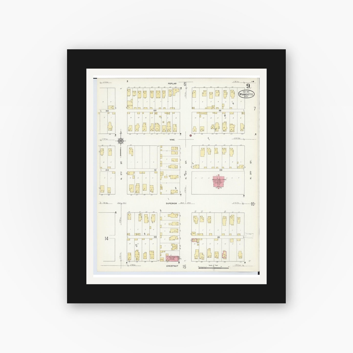 Old map wall art mockup — black gallery frame with white mat — Sanborn Fire Insurance Map from Wyandotte, Wayne County, Michigan (1912), Sheet #0009