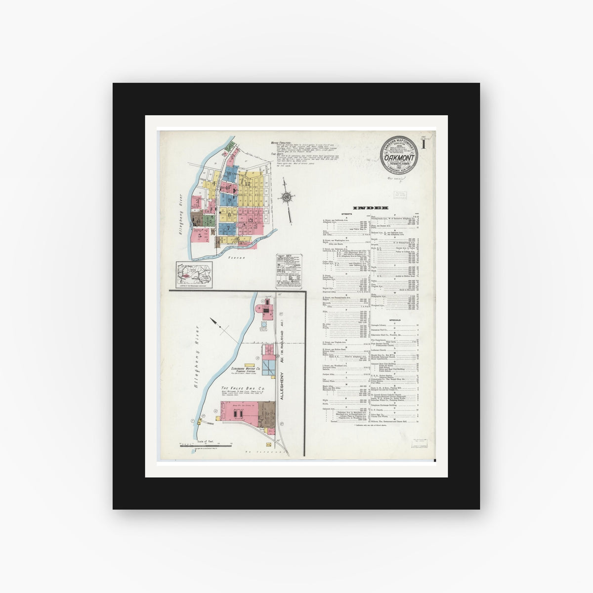 Old map wall art mockup — black gallery frame with white mat — Sanborn Fire Insurance Map from Oakmont, Allegheny County, Pennsylvania (1921) - Complete Map Set