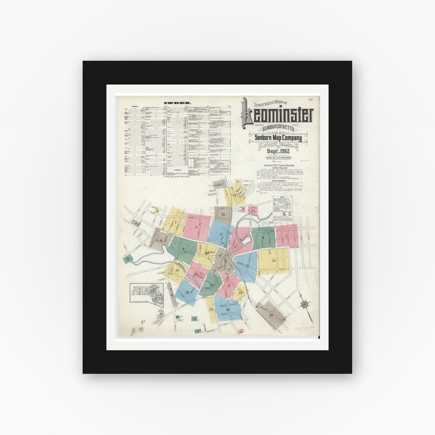 Old map wall art mockup — black gallery frame with white mat — Sanborn Fire Insurance Map from Leominster, Worcester County, Massachusetts (1912), Sheet #0001