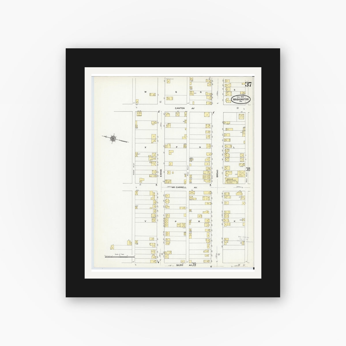 Old map wall art mockup — black gallery frame with white mat — Sanborn Fire Insurance Map from Washington, Washington County, Pennsylvania (1909), Sheet #0037
