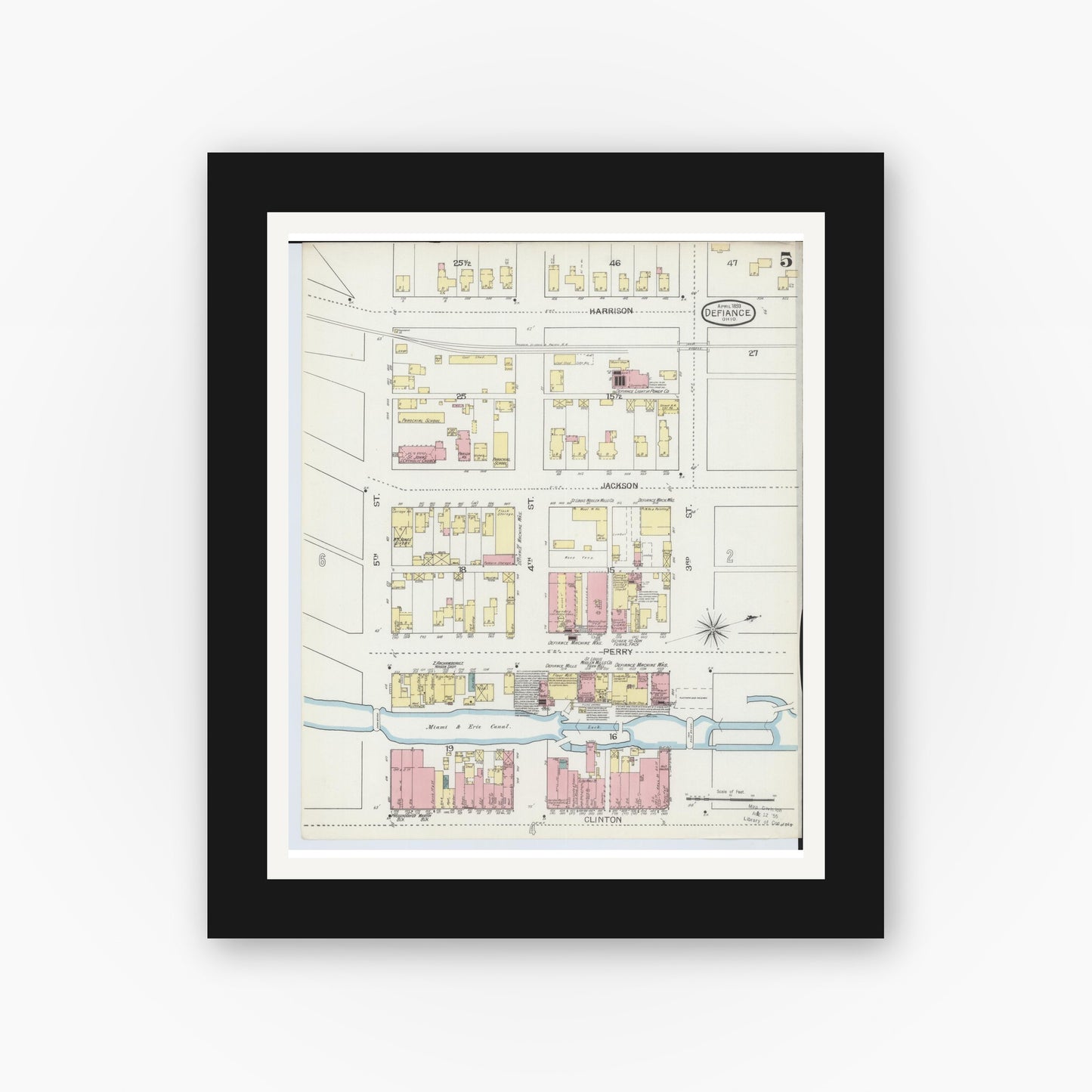 Old map wall art mockup — black gallery frame with white mat — Sanborn Fire Insurance Map from Defiance, Defiance County, Ohio (1893), Sheet #0005