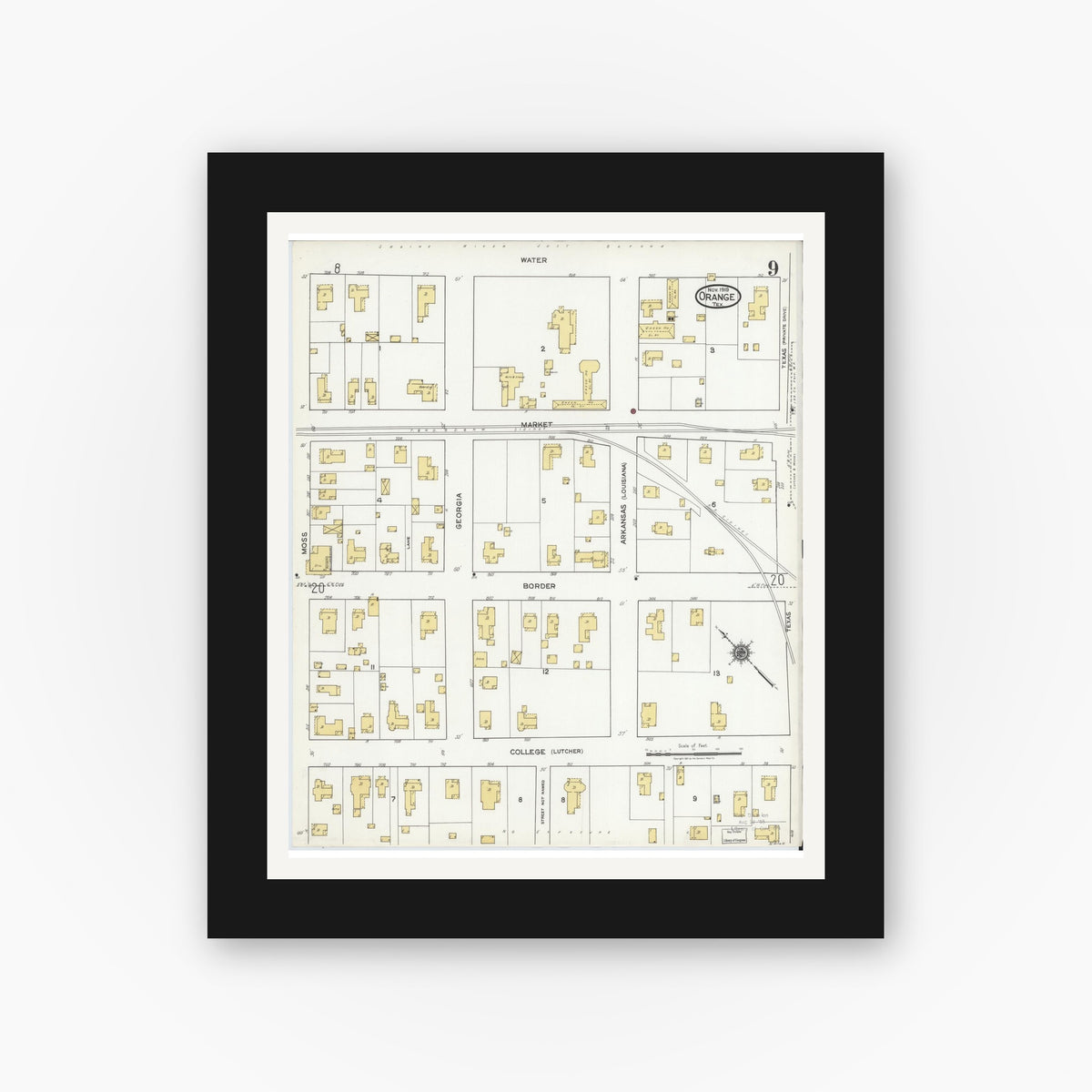 Old map wall art mockup — black gallery frame with white mat — Sanborn Fire Insurance Map from Orange, Orange County, Texas (1919), Sheet #0009