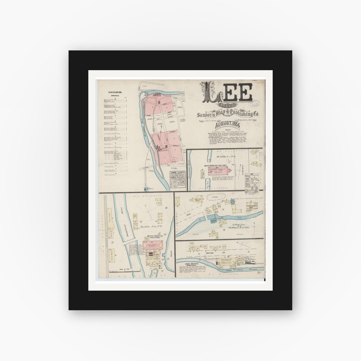 Old map wall art mockup — black gallery frame with white mat — Sanborn Fire Insurance Map from Lee, Berkshire County, Massachusetts (1884) - Complete Map Set