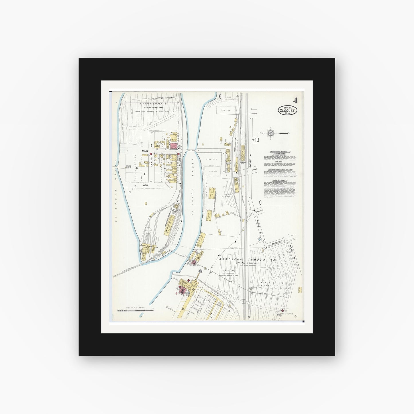 Old map wall art mockup — black gallery frame with white mat — Sanborn Fire Insurance Map from Cloquet, Carlton County, Minnesota (1911), Sheet #0004