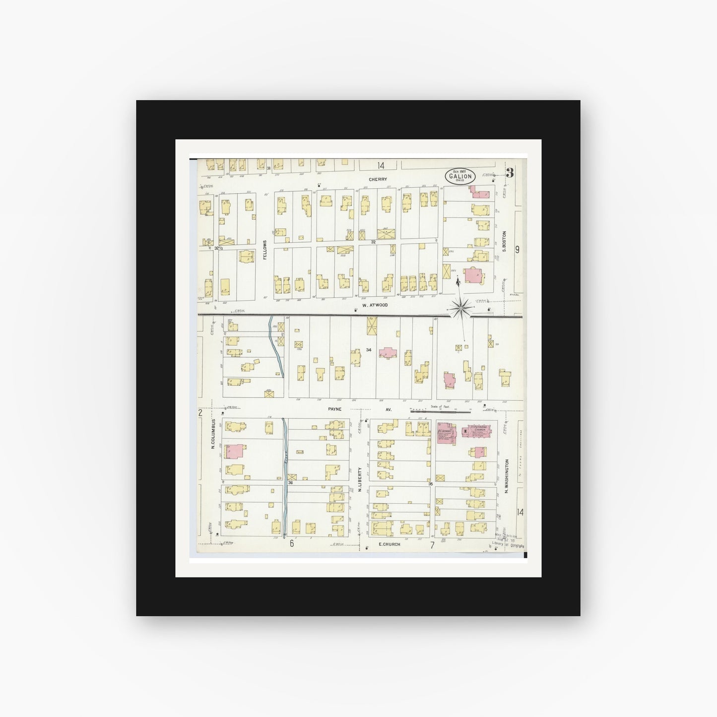 Old map wall art mockup — black gallery frame with white mat — Sanborn Fire Insurance Map from Galion, Crawford County, Ohio (1907), Sheet #0003