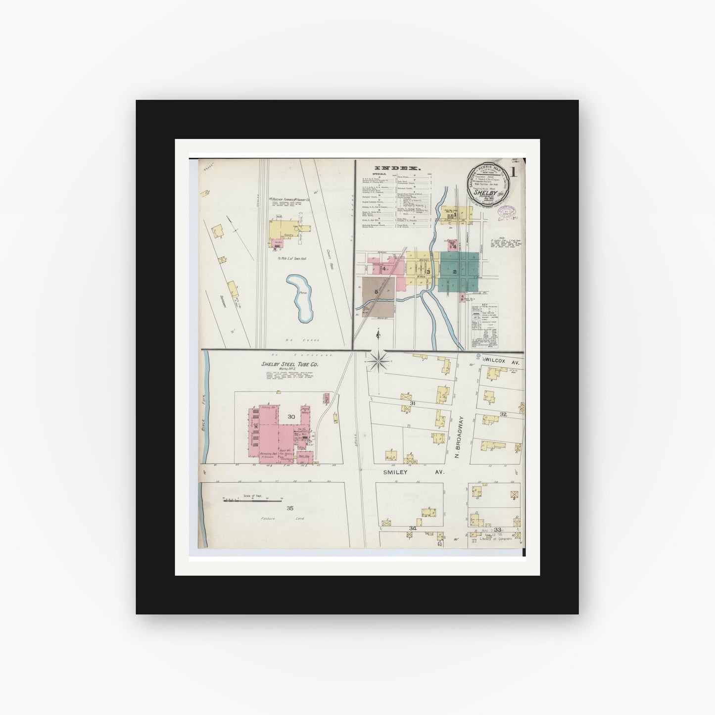 Old map wall art mockup — black gallery frame with white mat — Sanborn Fire Insurance Map from Shelby, Richland County, Ohio (1893) - Complete Map Set