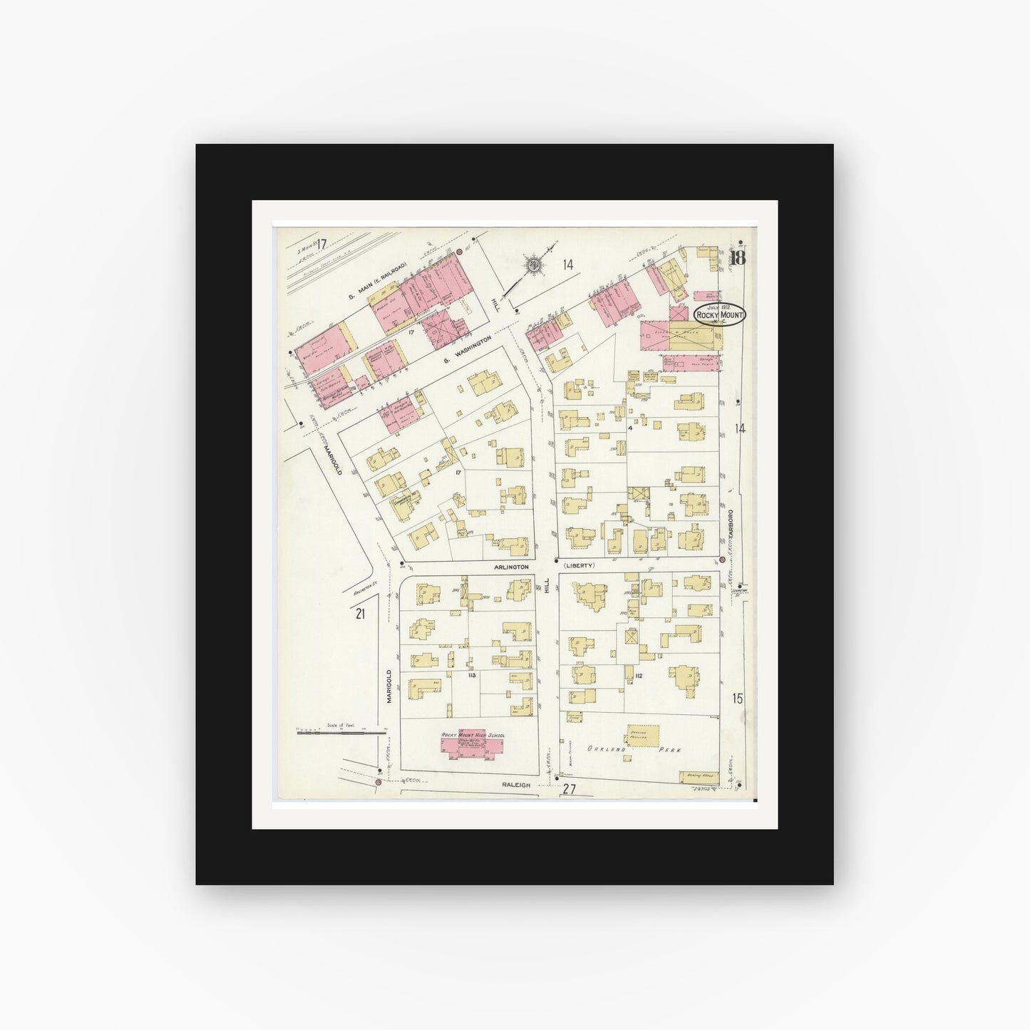 Old map wall art mockup — black gallery frame with white mat — Sanborn Fire Insurance Map from Rocky Mount, Edgecombe And Nash Counties, North Carolina (1912), Sheet #0018