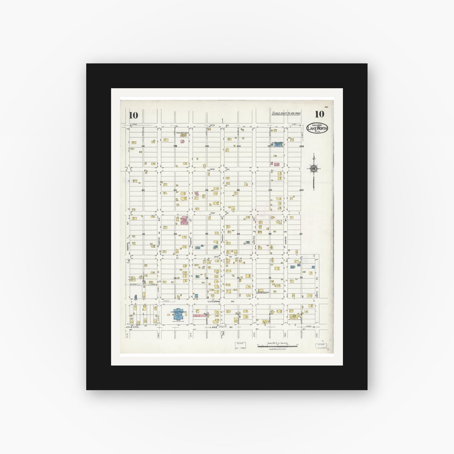 Old map wall art mockup — black gallery frame with white mat — Sanborn Fire Insurance Map from Lake Worth, Palm Beach County, Florida (1924), Sheet #0010