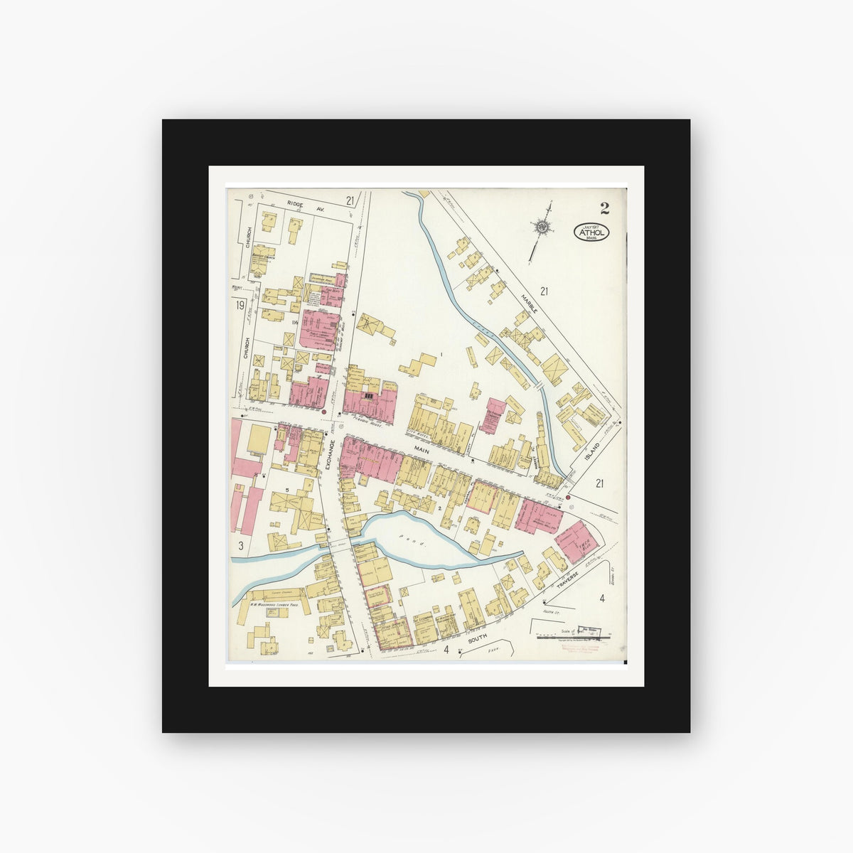 Old map wall art mockup — black gallery frame with white mat — Sanborn Fire Insurance Map from Athol, Worcester County, Massachusetts (1917), Sheet #0002