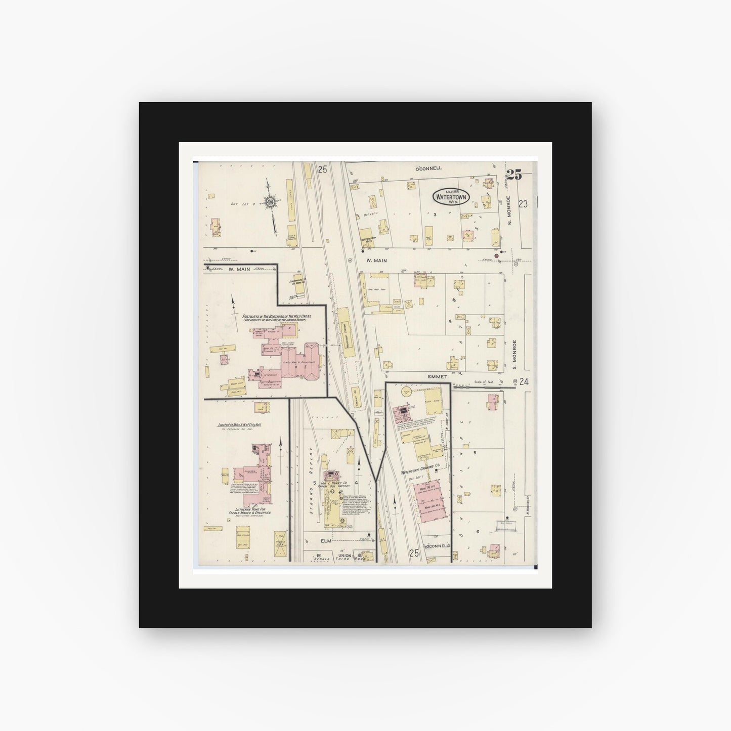Old map wall art mockup — black gallery frame with white mat — Sanborn Fire Insurance Map from Watertown, Jefferson County, Wisconsin (1915), Sheet #0026