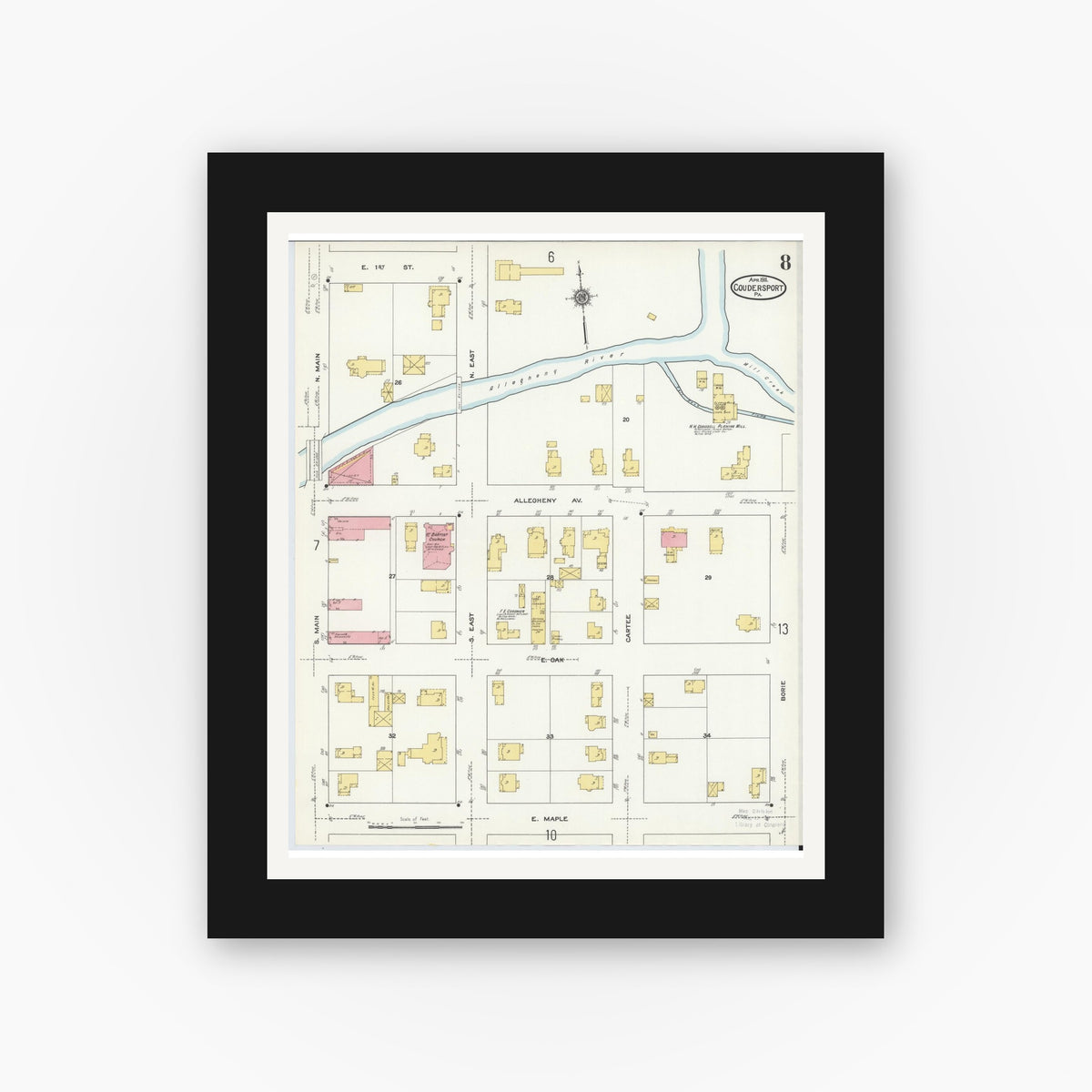 Old map wall art mockup — black gallery frame with white mat — Sanborn Fire Insurance Map from Coudersport, Potter County, Pennsylvania (1911), Sheet #0008