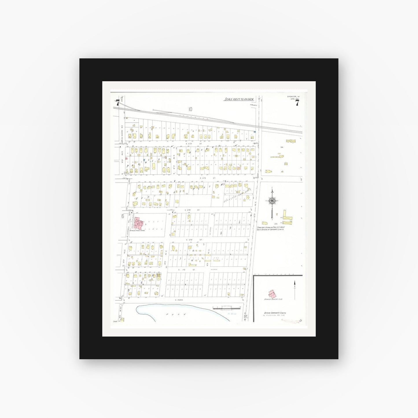 Old map wall art mockup — black gallery frame with white mat — Sanborn Fire Insurance Map from Spencer, Clay County, Iowa (1941), Sheet #0007