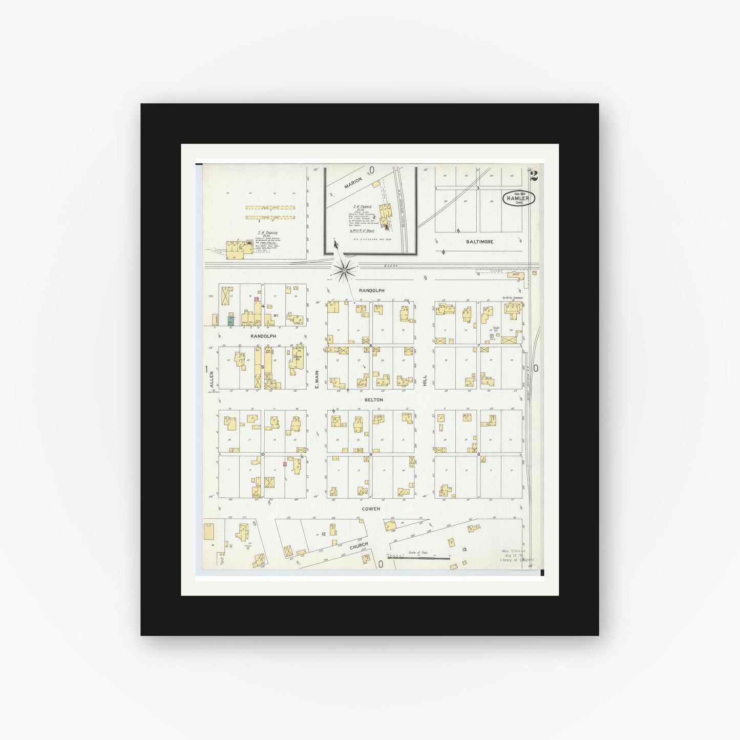 Old map wall art mockup — black gallery frame with white mat — Sanborn Fire Insurance Map from Hamler, Henry County, Ohio (1901), Sheet #0002