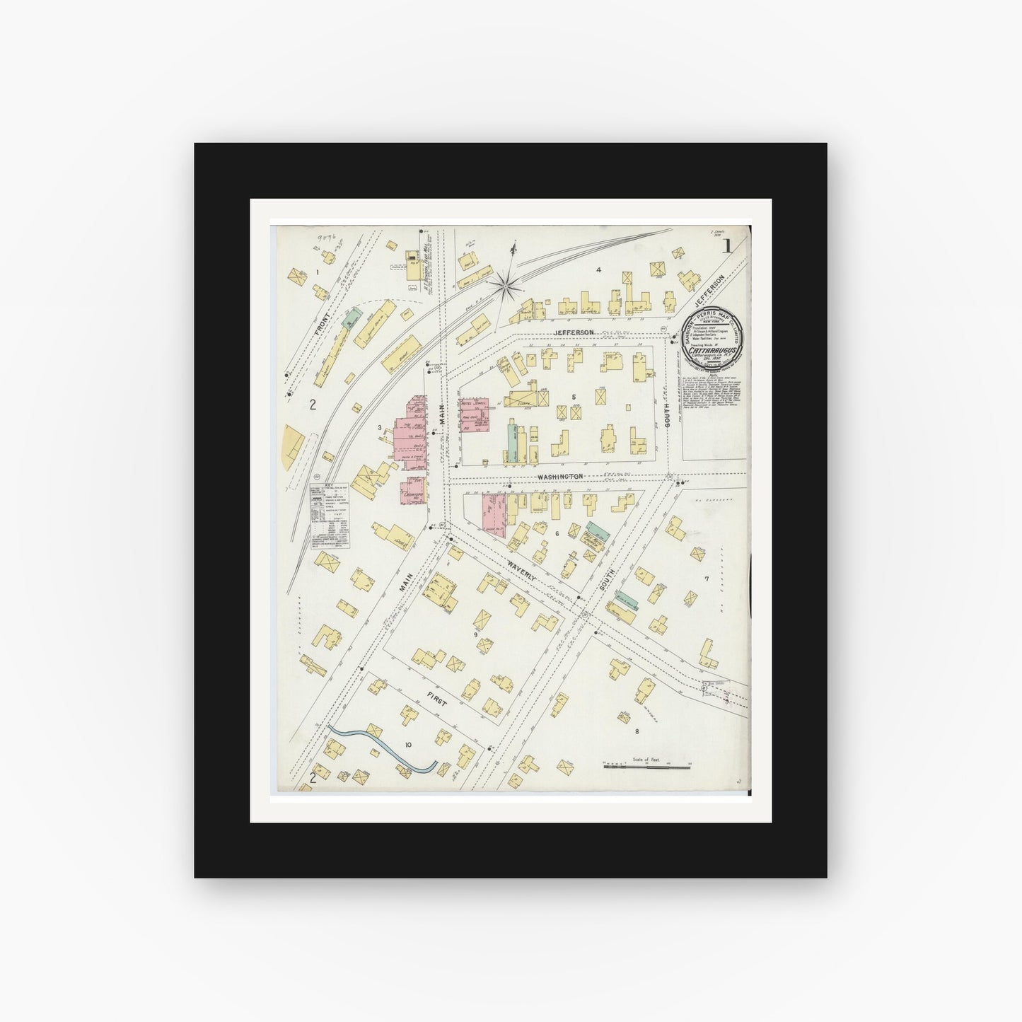 Old map wall art mockup — black gallery frame with white mat — Sanborn Fire Insurance Map from Cattaraugus, Cattaraugus County, New York (1896), Sheet #0001