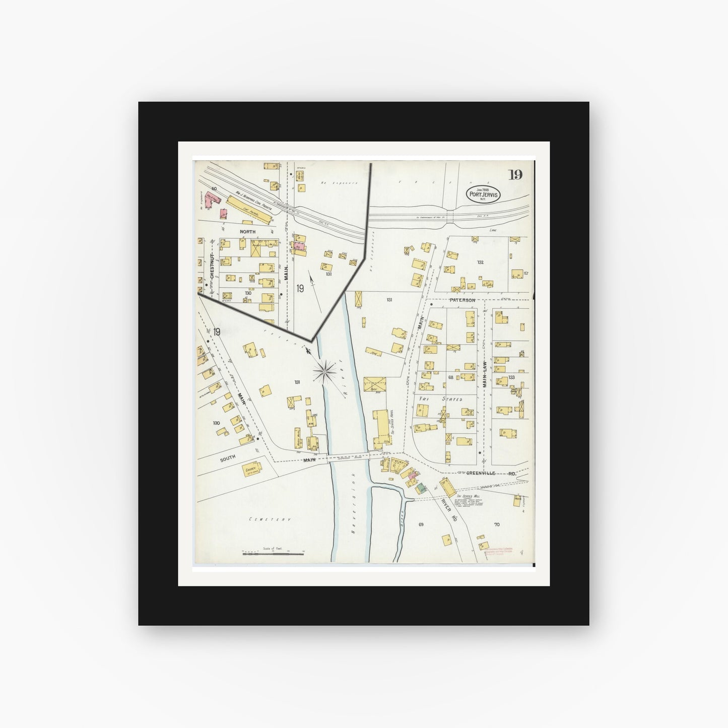 Old map wall art mockup — black gallery frame with white mat — Sanborn Fire Insurance Map from Port Jervis, Orange County, New York (1900), Sheet #0019