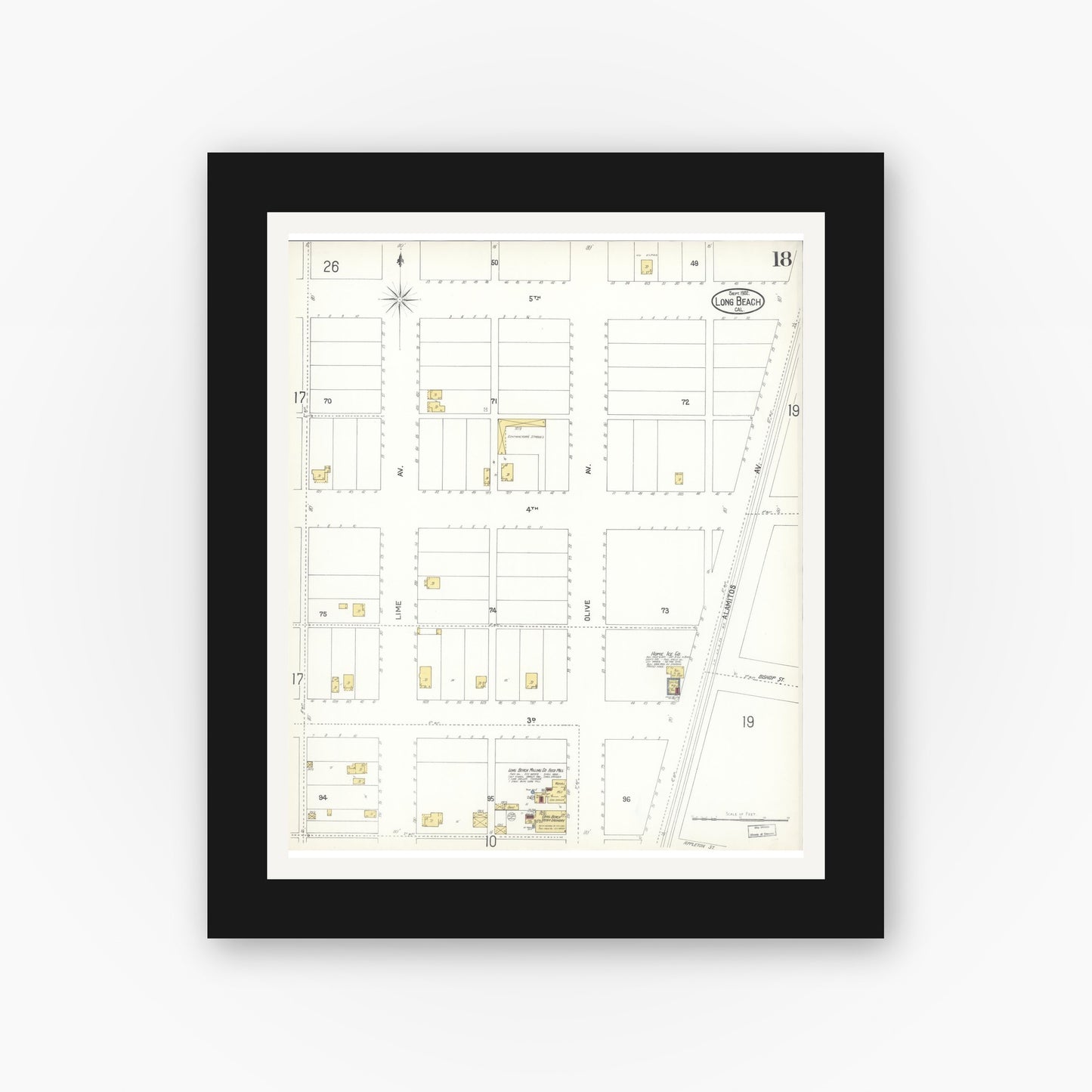 Old map wall art mockup — black gallery frame with white mat — Sanborn Fire Insurance Map from Long Beach, Los Angeles County, California (1902), Sheet #0018