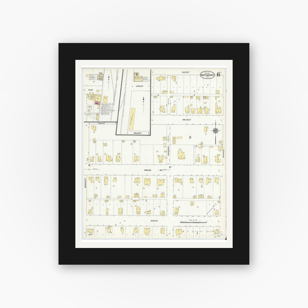 Old map wall art mockup — black gallery frame with white mat — Sanborn Fire Insurance Map from Whitewright, Grayson County, Texas (1911), Sheet #0006