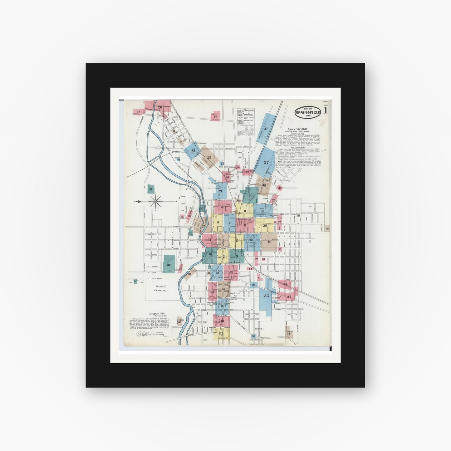 Old map wall art mockup — black gallery frame with white mat — Sanborn Fire Insurance Map from Springfield, Clark County, Ohio (1891) - Complete Map Set