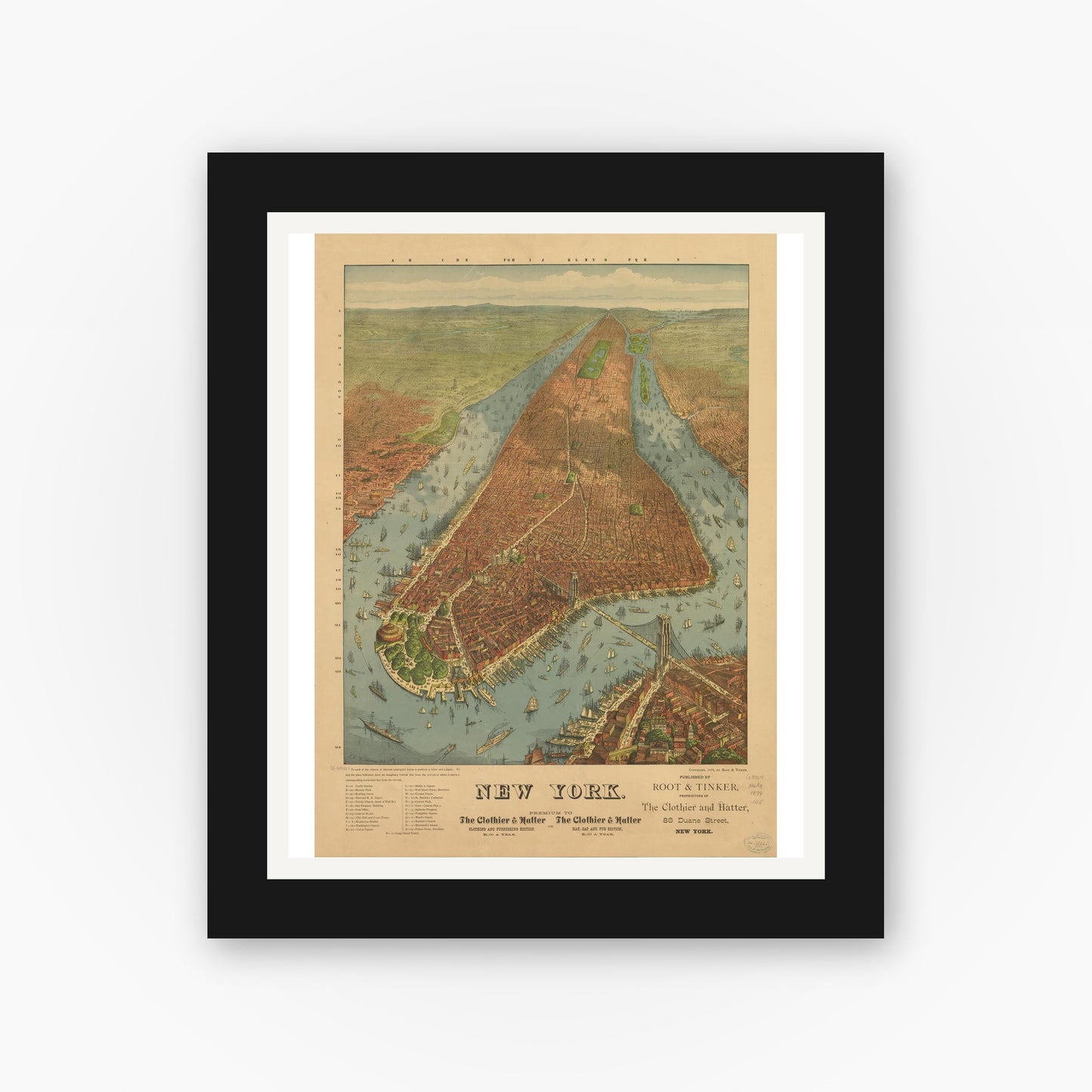Old map wall art mockup — black gallery frame with white mat — New York. (1879)