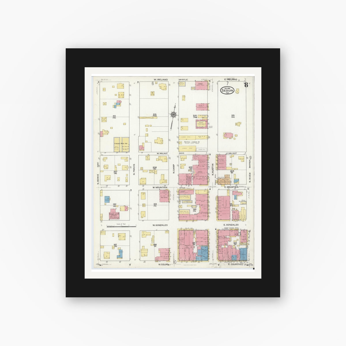 Old map wall art mockup — black gallery frame with white mat — Sanborn Fire Insurance Map from Seguin, Guadalupe County, Texas (1916), Sheet #0008