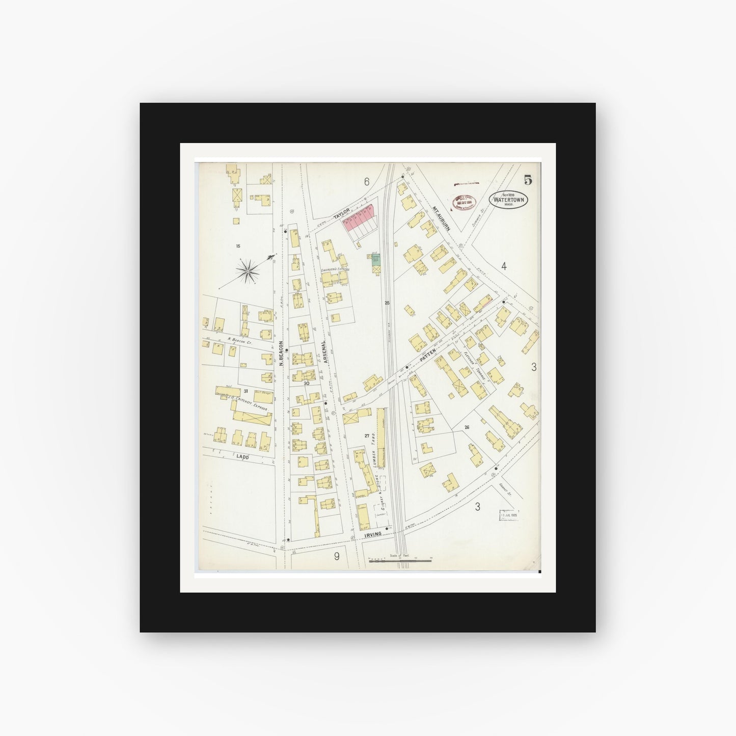 Old map wall art mockup — black gallery frame with white mat — Sanborn Fire Insurance Map from Watertown, Middlesex County, Massachusetts (1899), Sheet #0005