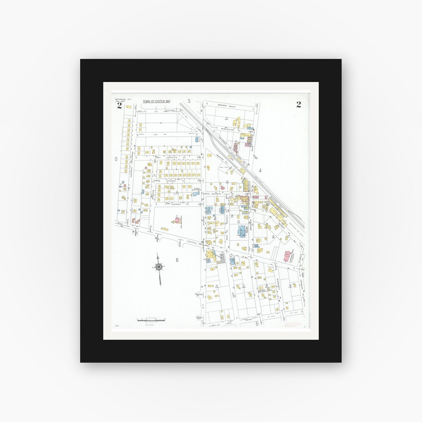 Old map wall art mockup — black gallery frame with white mat — Sanborn Fire Insurance Map from Bethpage, Nassau County, New York (1950), Sheet #0002