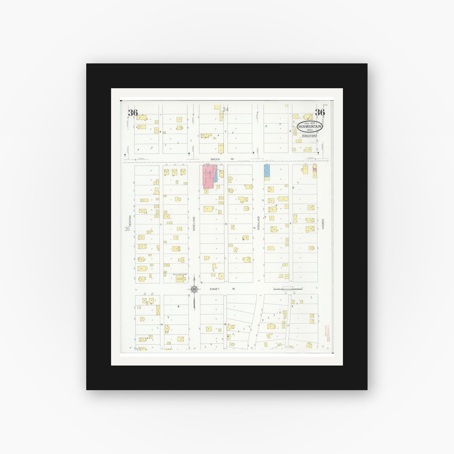 Old map wall art mockup — black gallery frame with white mat — Sanborn Fire Insurance Map from Iron Mountain, Dickinson County, Michigan (1930), Sheet #0036
