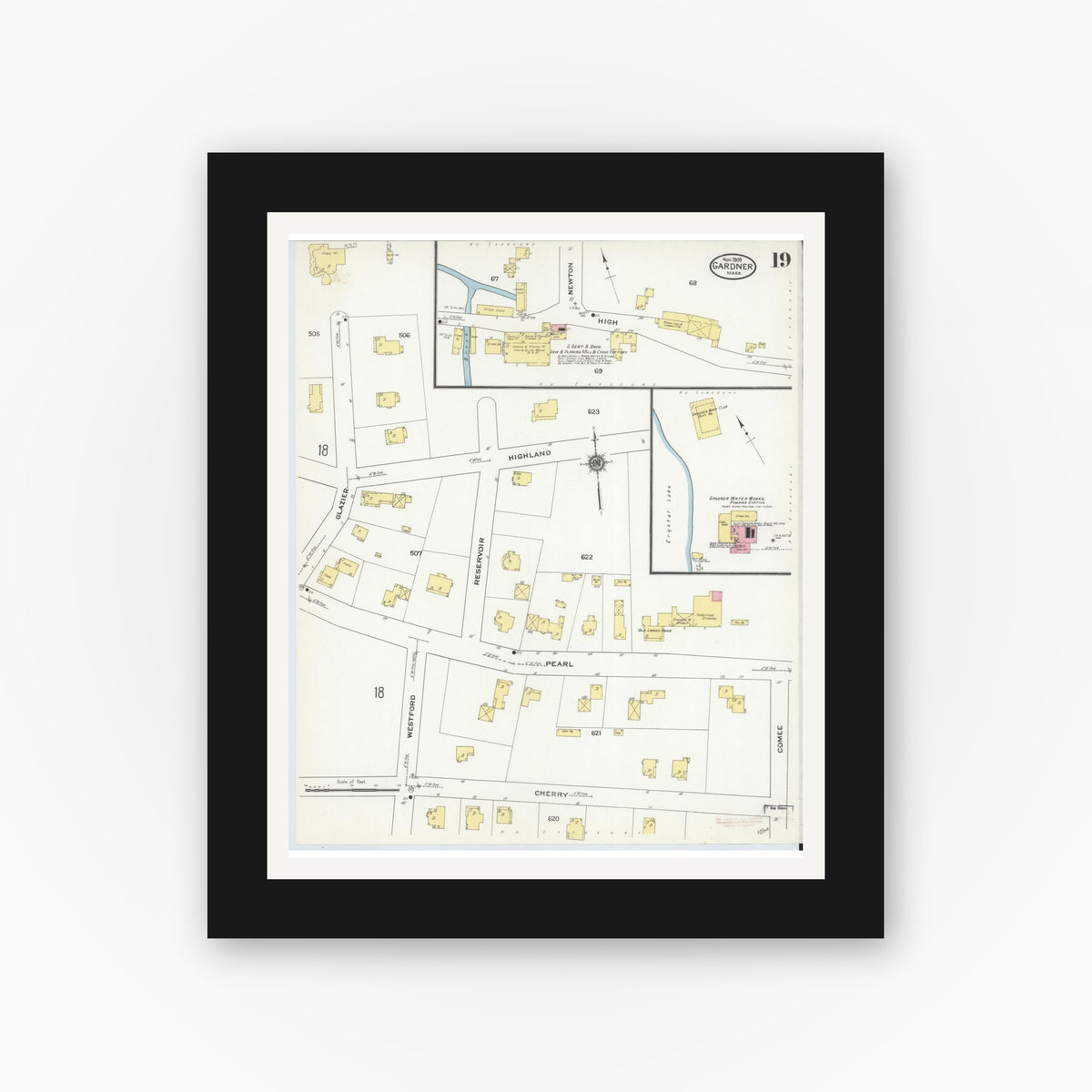 Old map wall art mockup — black gallery frame with white mat — Sanborn Fire Insurance Map from Gardner, Worcester County, Massachusetts (1909), Sheet #0019