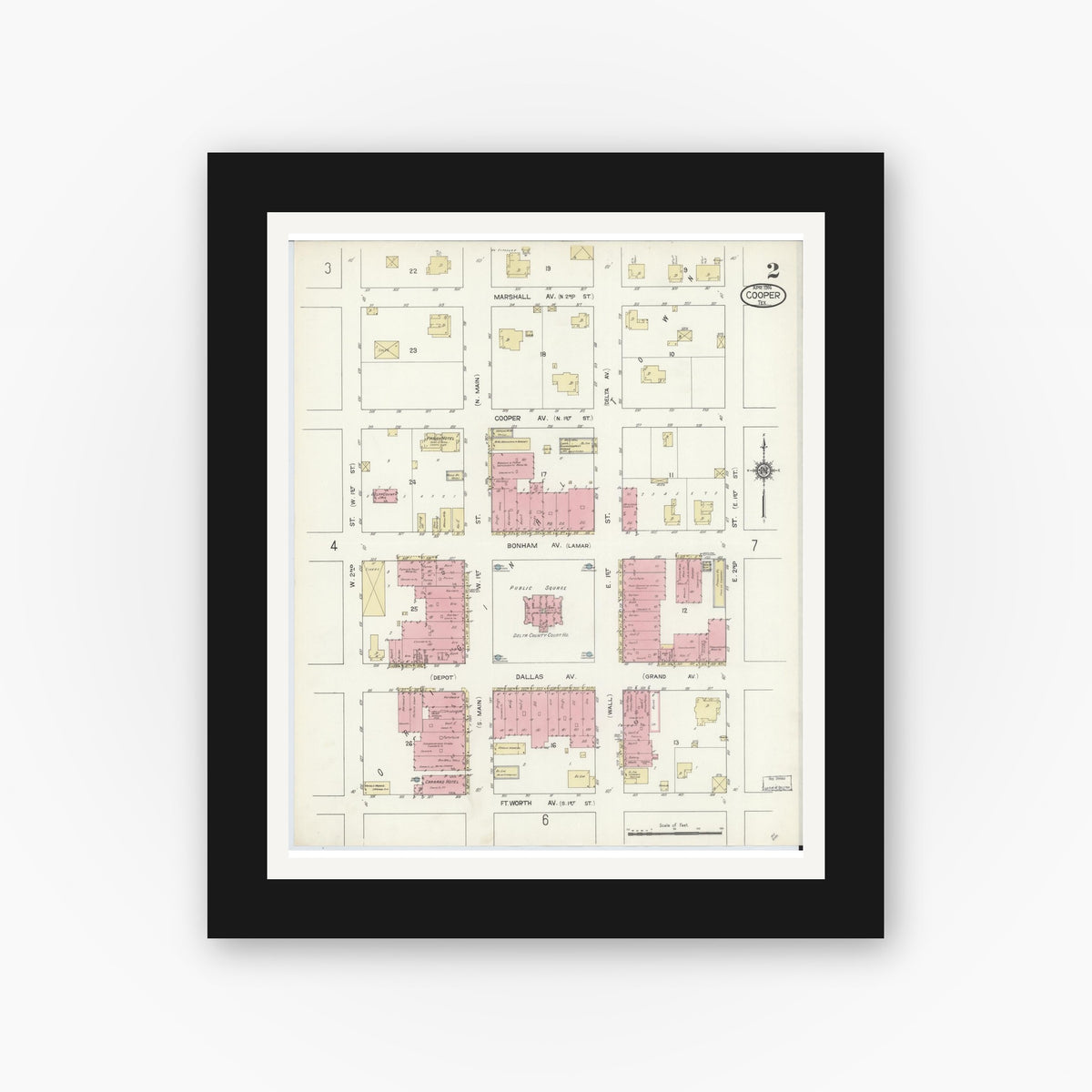 Old map wall art mockup — black gallery frame with white mat — Sanborn Fire Insurance Map from Cooper, Delta County, Texas (1914), Sheet #0002