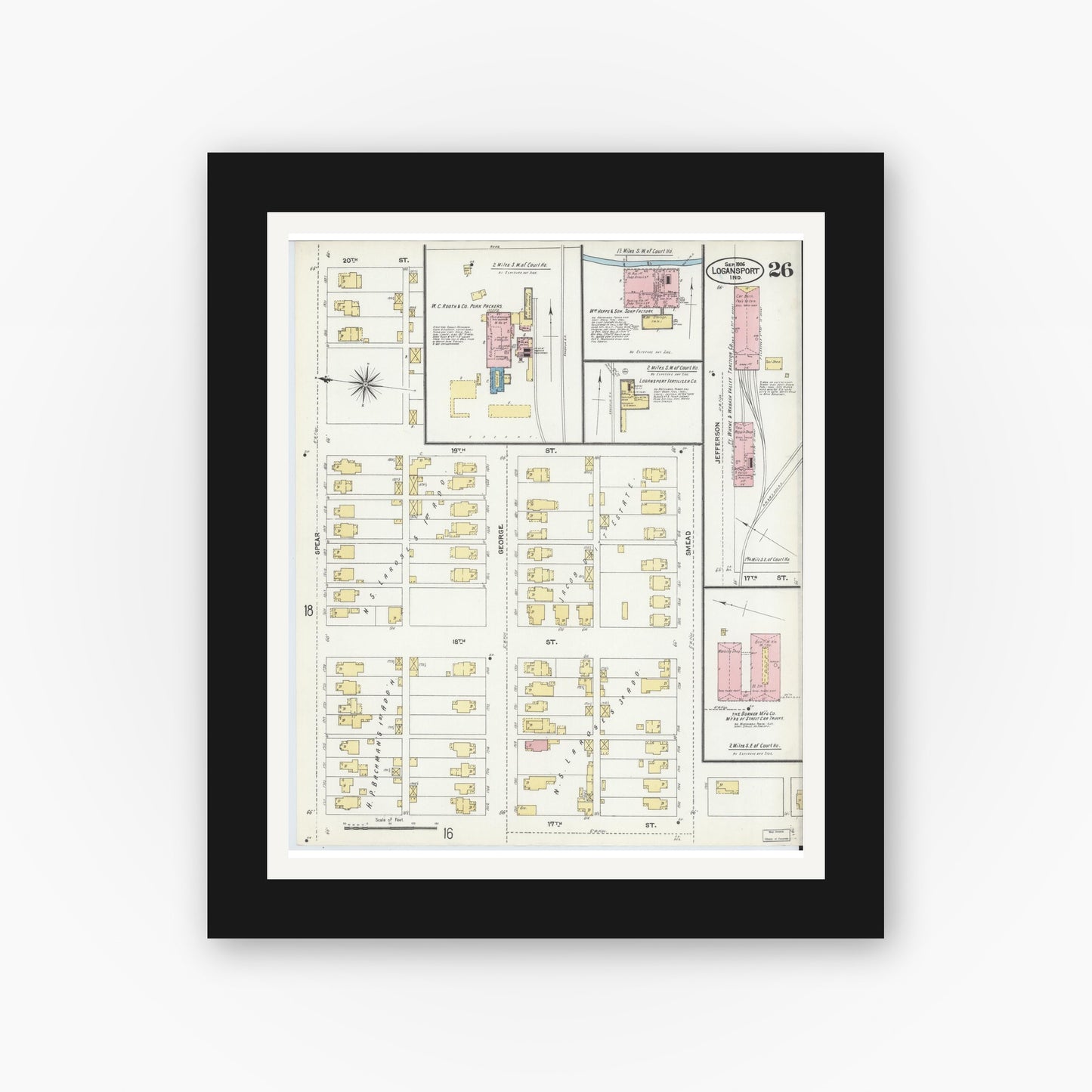 Old map wall art mockup — black gallery frame with white mat — Sanborn Fire Insurance Map from Logansport, Cass County, Indiana (1906), Sheet #0026
