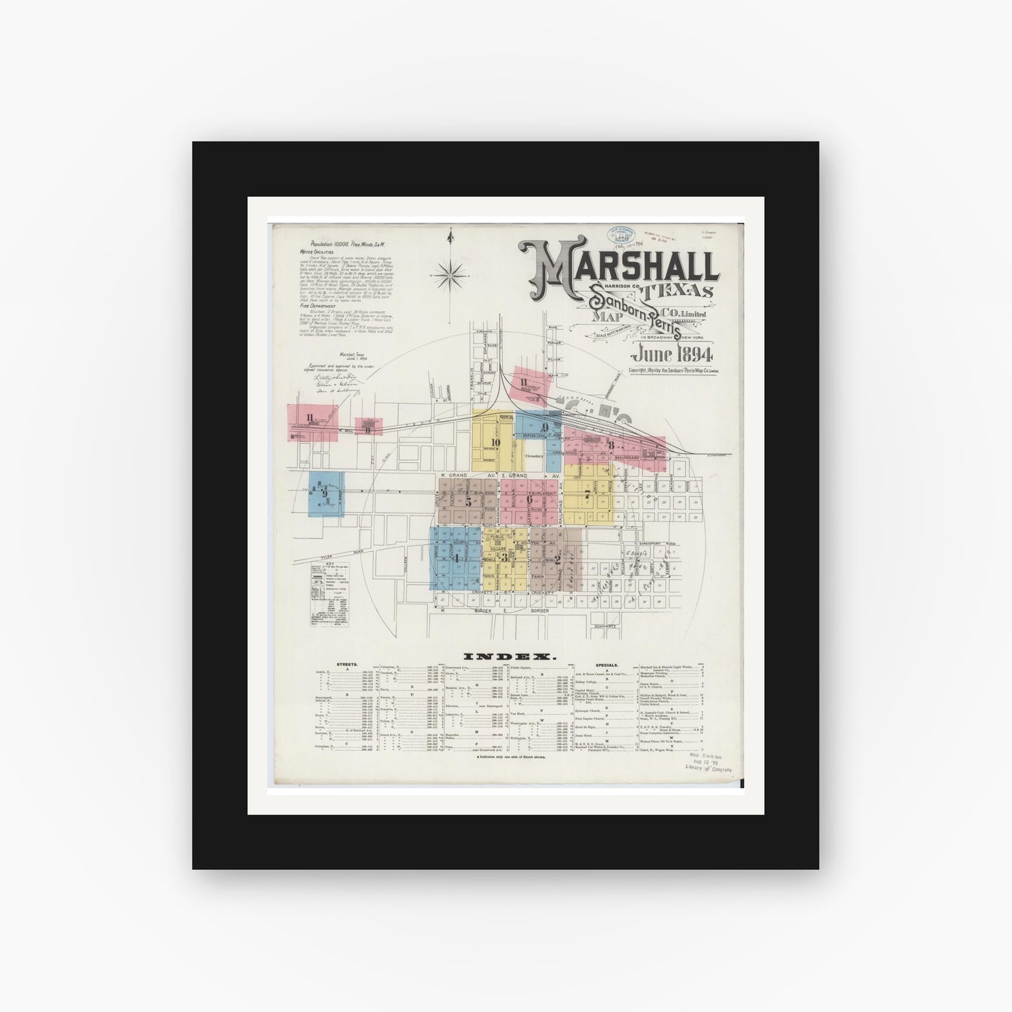 Old map wall art mockup — black gallery frame with white mat — Sanborn Fire Insurance Map from Marshall, Harrison County, Texas (1894), Sheet #0001