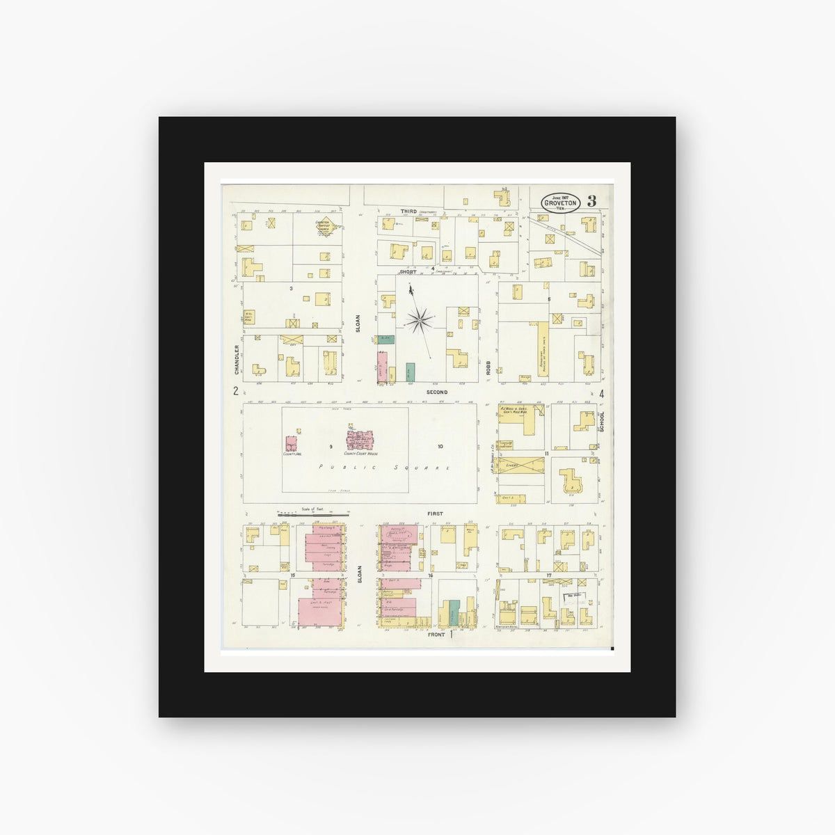 Old map wall art mockup — black gallery frame with white mat — Sanborn Fire Insurance Map from Groveton, Trinity County, Texas (1907), Sheet #0003