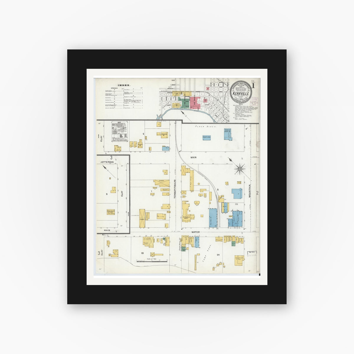 Old map wall art mockup — black gallery frame with white mat — Sanborn Fire Insurance Map from Kerrville, Kerr County, Texas (1904) - Complete Map Set